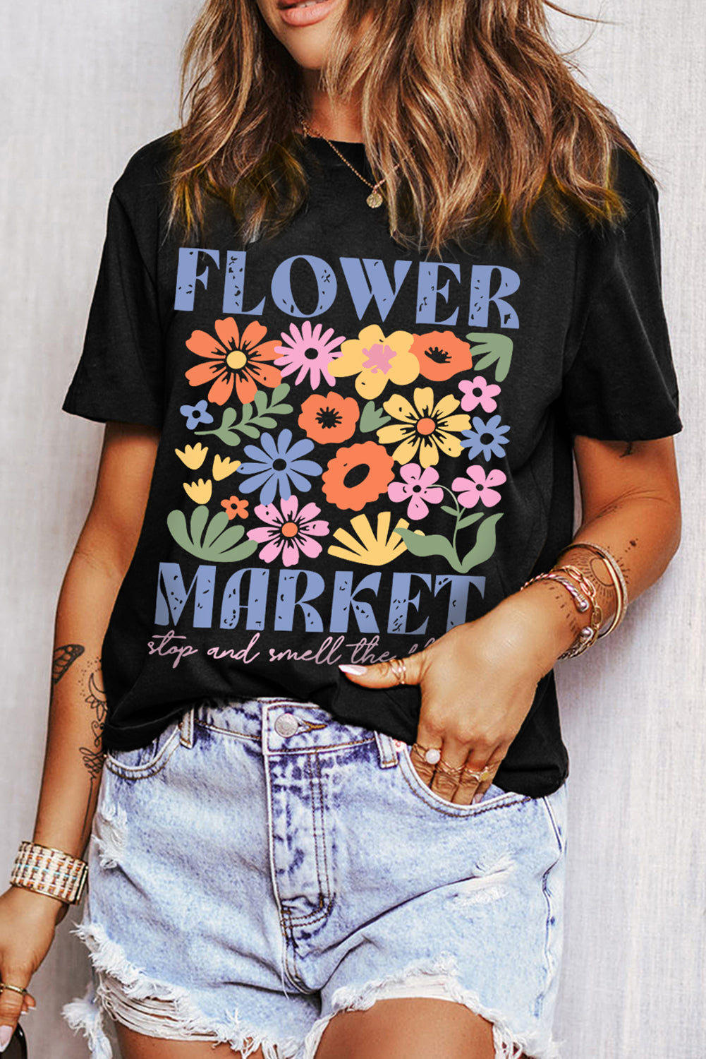 Black FLOWER MARKET Cotton Blend T Shirt Graphic Tees JT's Designer Fashion