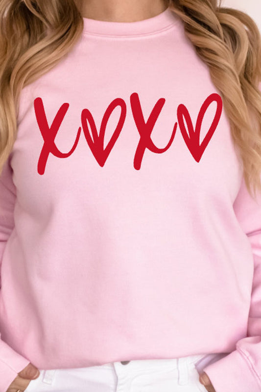 Pink Heart XOXO Graphic Crewneck Drop Shoulder Valentines Sweatshirt Graphic Sweatshirts JT's Designer Fashion