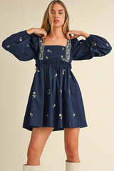 Blue Floral Embroidered Square Neck Puff Sleeve Ruffled Mini Dress Mini Dresses JT's Designer Fashion