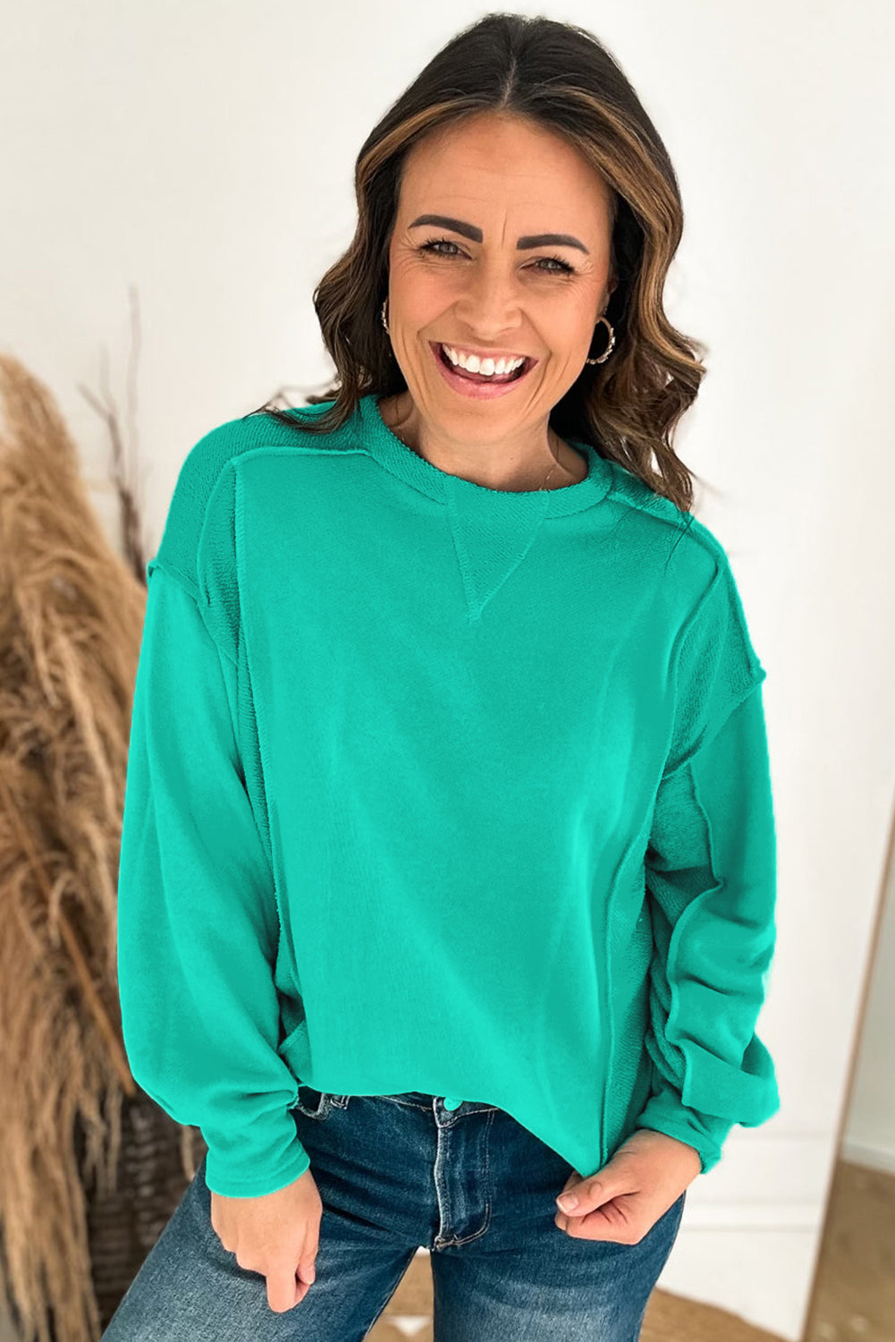 Mint Green Splicing Round Neck Pullover Sweatshirt Sweatshirts & Hoodies JT's Designer Fashion