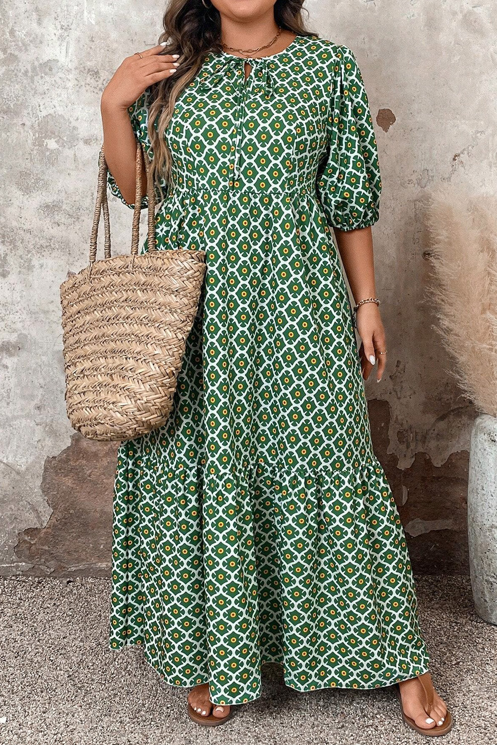 Green Geometric Floral Print Half Sleeve Plus Size Maxi Dress Plus Size Maxi Dresses JT's Designer Fashion
