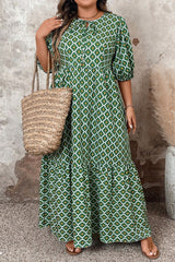 Green Geometric Floral Print Half Sleeve Plus Size Maxi Dress Plus Size Maxi Dresses JT's Designer Fashion