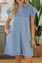 Beau Blue Flutter Sleeve Shirred Detail Button Up Denim Mini Dress Mini Dresses JT's Designer Fashion