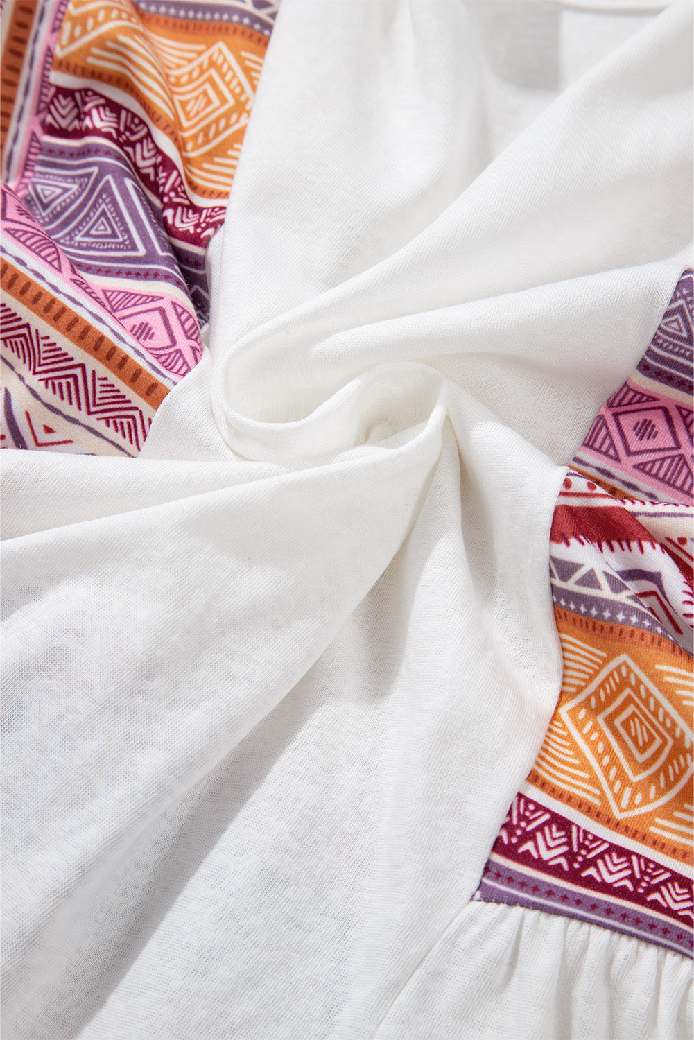 White Western Aztec Print Patchwork Ruffled Tunic Long Sleeve Babydoll Top Long Sleeve Tops JT's Designer Fashion