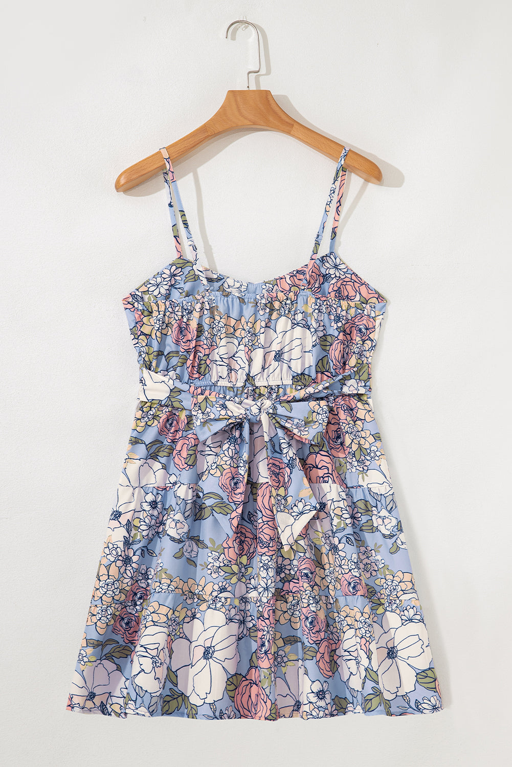 Sky Blue Floral Tiered Patchwork Spaghetti Strap Vacation Dress Floral Dresses JT's Designer Fashion