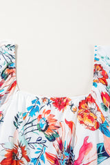 White Floral Square Neck Puff Sleeve Flowy Plus Size Midi Dress Plus Size Midi Dresses JT's Designer Fashion