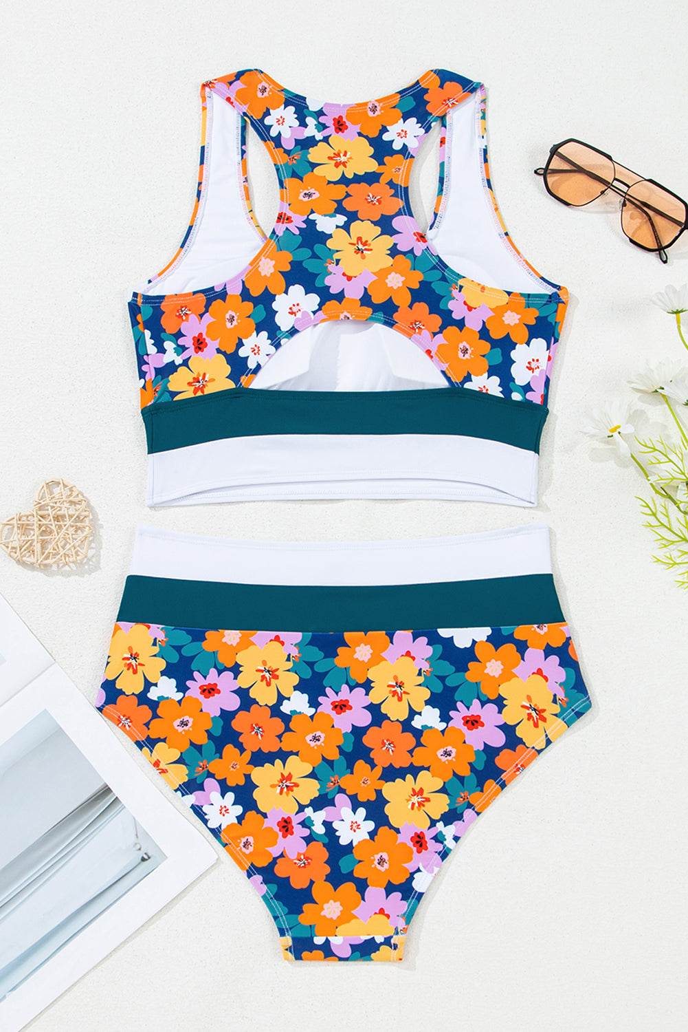 Green Floral Print Racerback Cutout High Waist 2pcs Bikini Bikinis JT's Designer Fashion