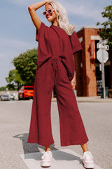 Red Dahlia Textured Loose Fit T Shirt and Drawstring Pants Set Pant Sets JT's Designer Fashion