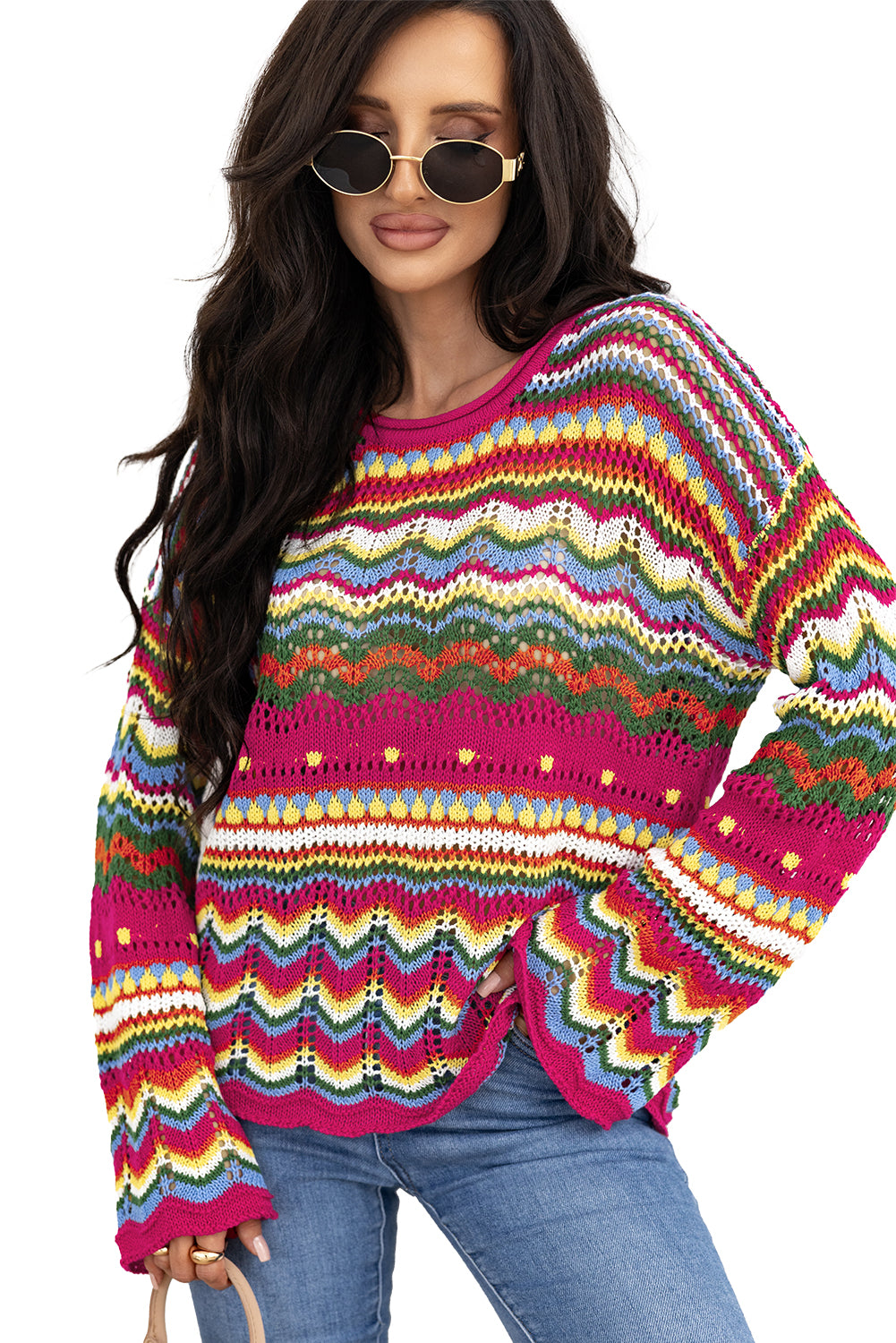 Rose Red Colorblock Striped Hollowed Knit Loose Sleeve Sweater Sweaters JT's Designer Fashion