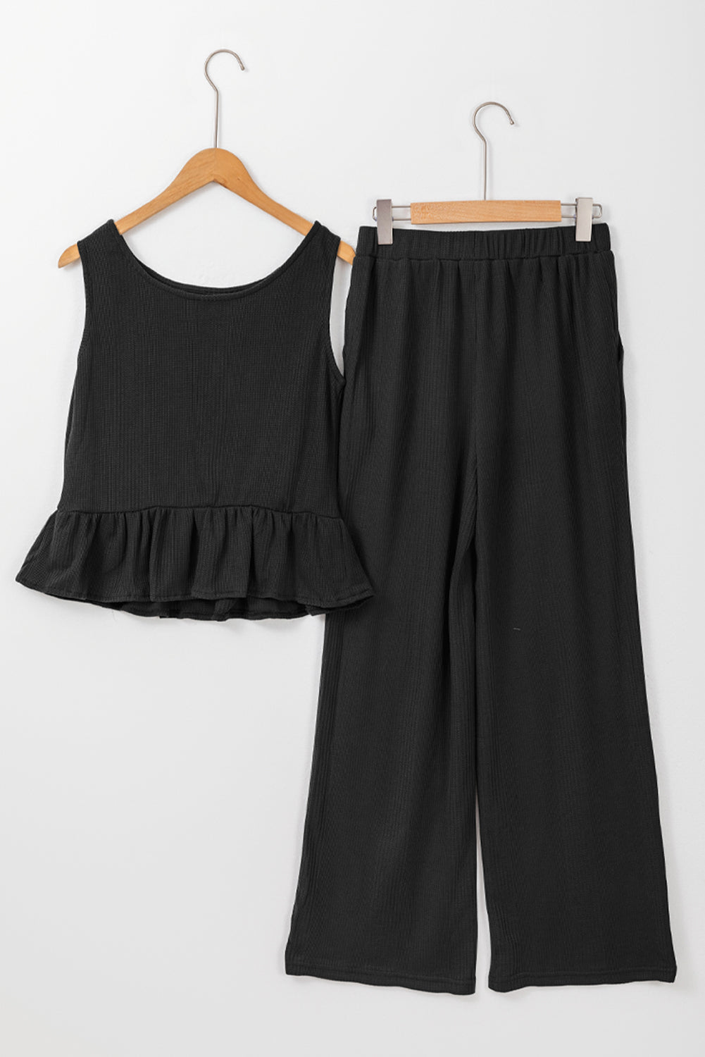 Black Solid Color Ribbed Ruffle Tank Top and Pants Set Pant Sets JT's Designer Fashion