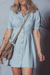 Myosotis Denim Pleated Slim Waist Short Sleeve Shirt Dress Dresses JT's Designer Fashion