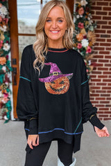 Black Glittering Pumpkin Wizard Graphic Exposed Seam Side Split Halloween Sweatshirt Graphic Sweatshirts JT's Designer Fashion