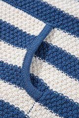 Blue Stripe V Neck Pocketed Drawstring Hooded Sweater Sweaters JT's Designer Fashion