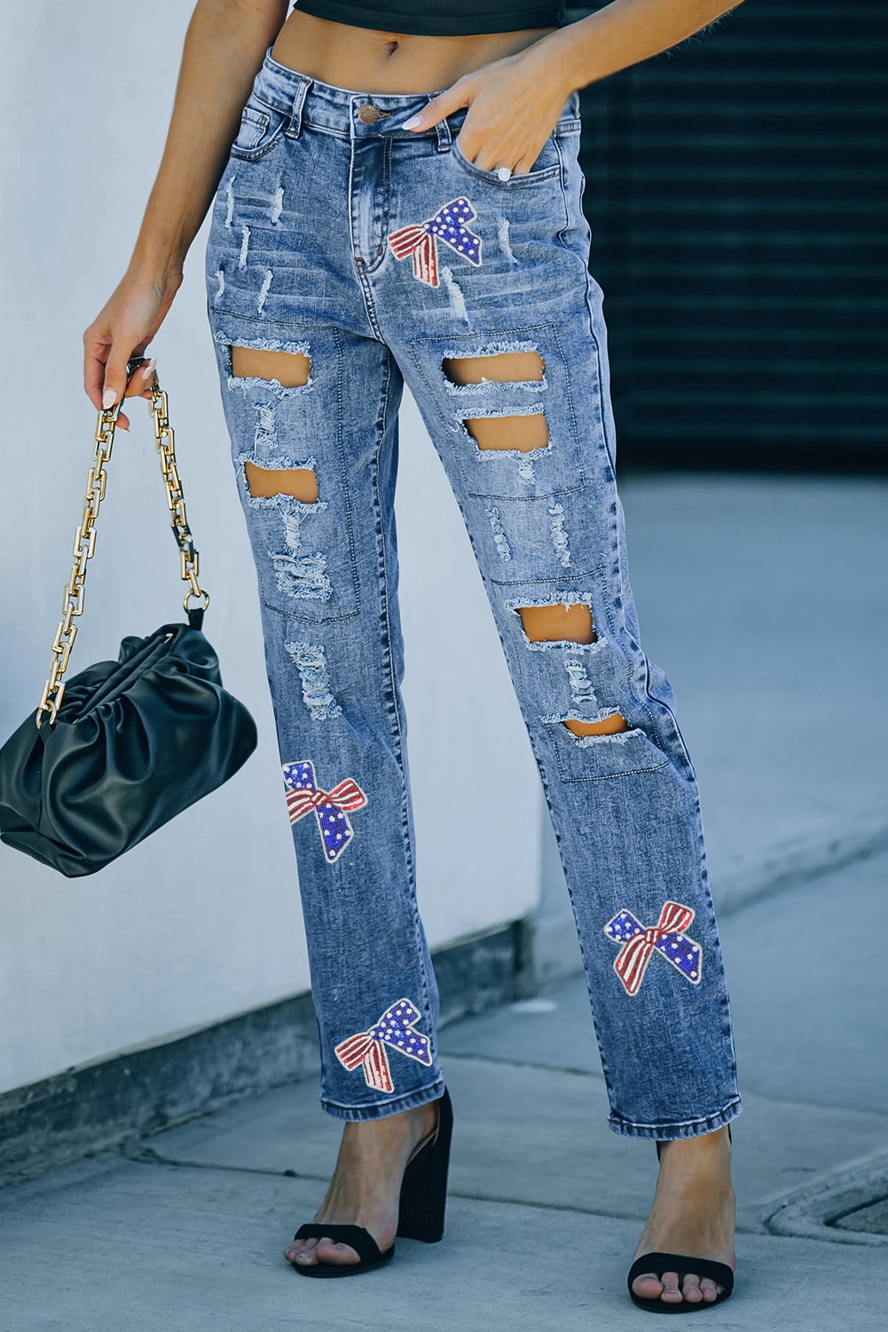 Light Blue Flag Pattern Inspired Sequin Bow Graphic Distressed Jeans Graphic Pants JT's Designer Fashion