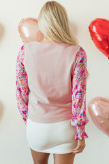 Oatmeal Floral Printed Patchwork Smocked Lantern Sleeve Knit Top Sweaters JT's Designer Fashion