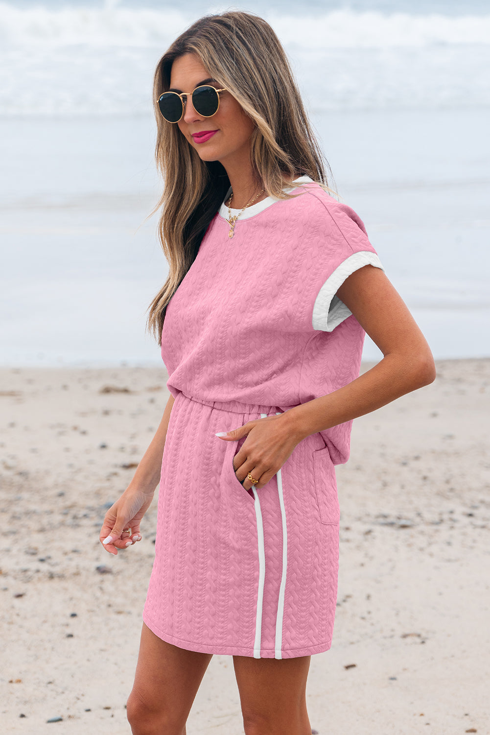 Pink Contrast Trim Textured Crewneck Tee and Pocketed Skirt Set Two Piece Dresses JT's Designer Fashion