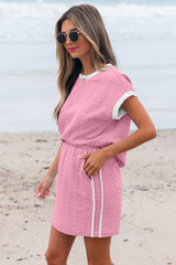 Pink Contrast Trim Textured Crewneck Tee and Pocketed Skirt Set Two Piece Dresses JT's Designer Fashion