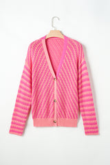 Pink Striped Buttoned V Neck Drop Shoulder Cardigan Cardigans JT's Designer Fashion