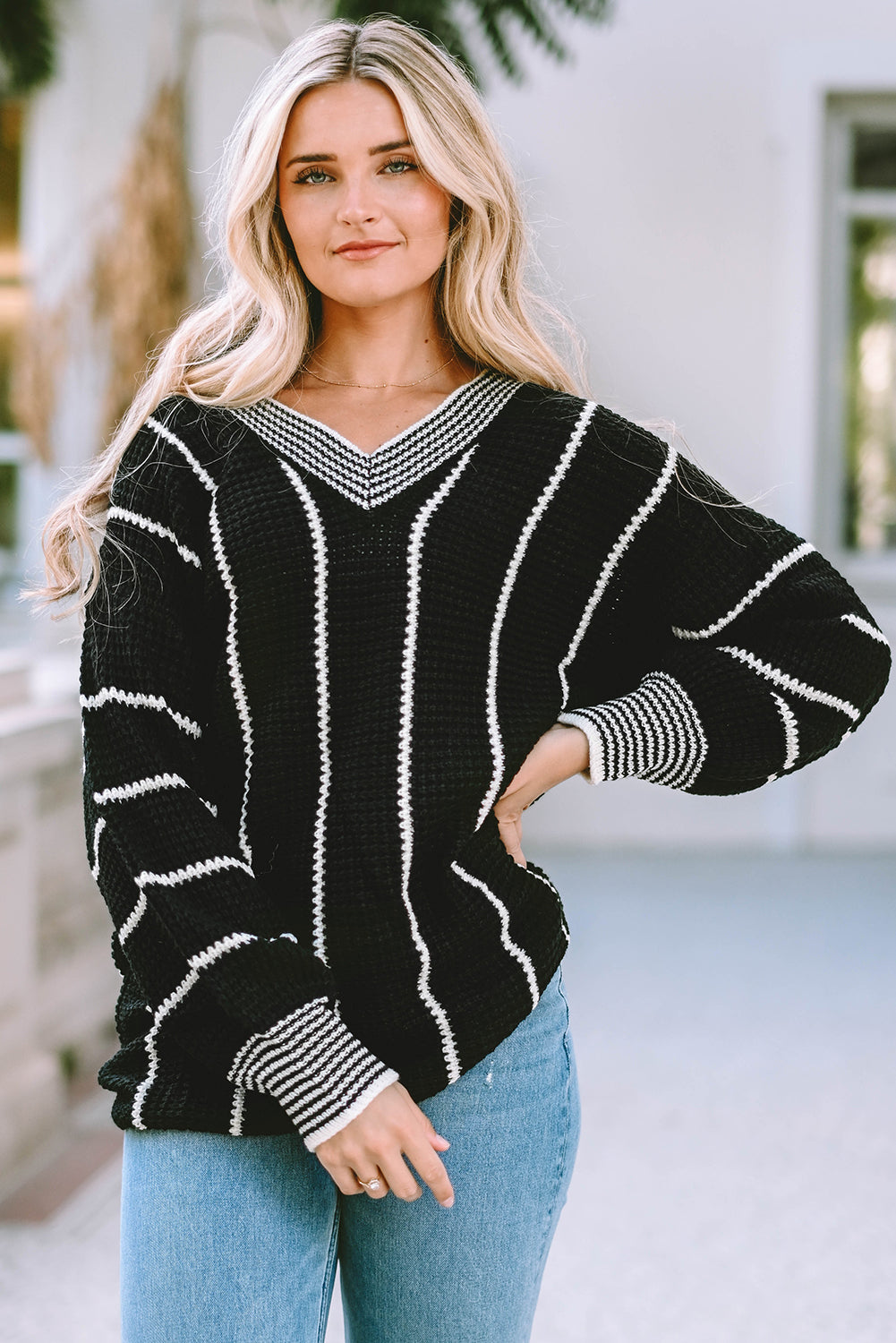 Black Colorblock Striped V Neck Knitted Loose Sweater Sweaters JT's Designer Fashion