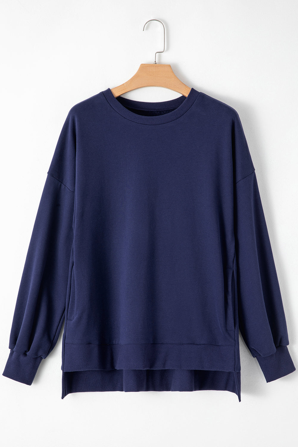 Navy Blue Solid O Neck High Low Hem Pullover Sweatshirt Sweatshirts & Hoodies JT's Designer Fashion