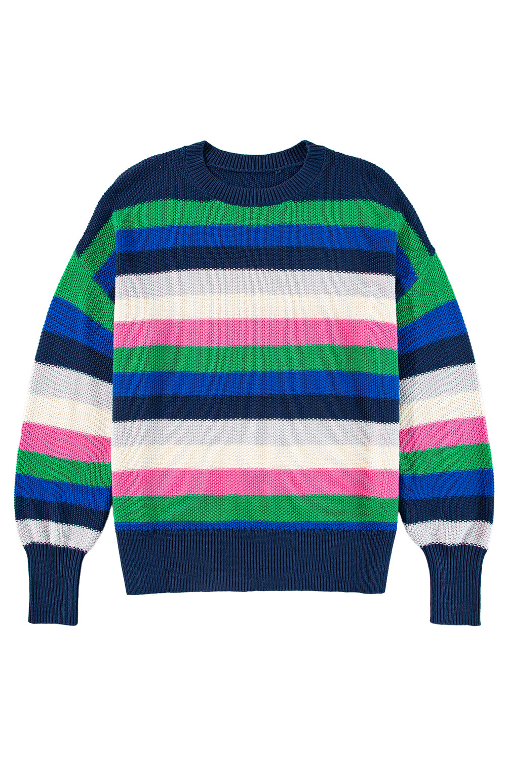 Bright Green Rainbow Striped Crew Neck Drop Shoulder Sweater Sweaters JT's Designer Fashion