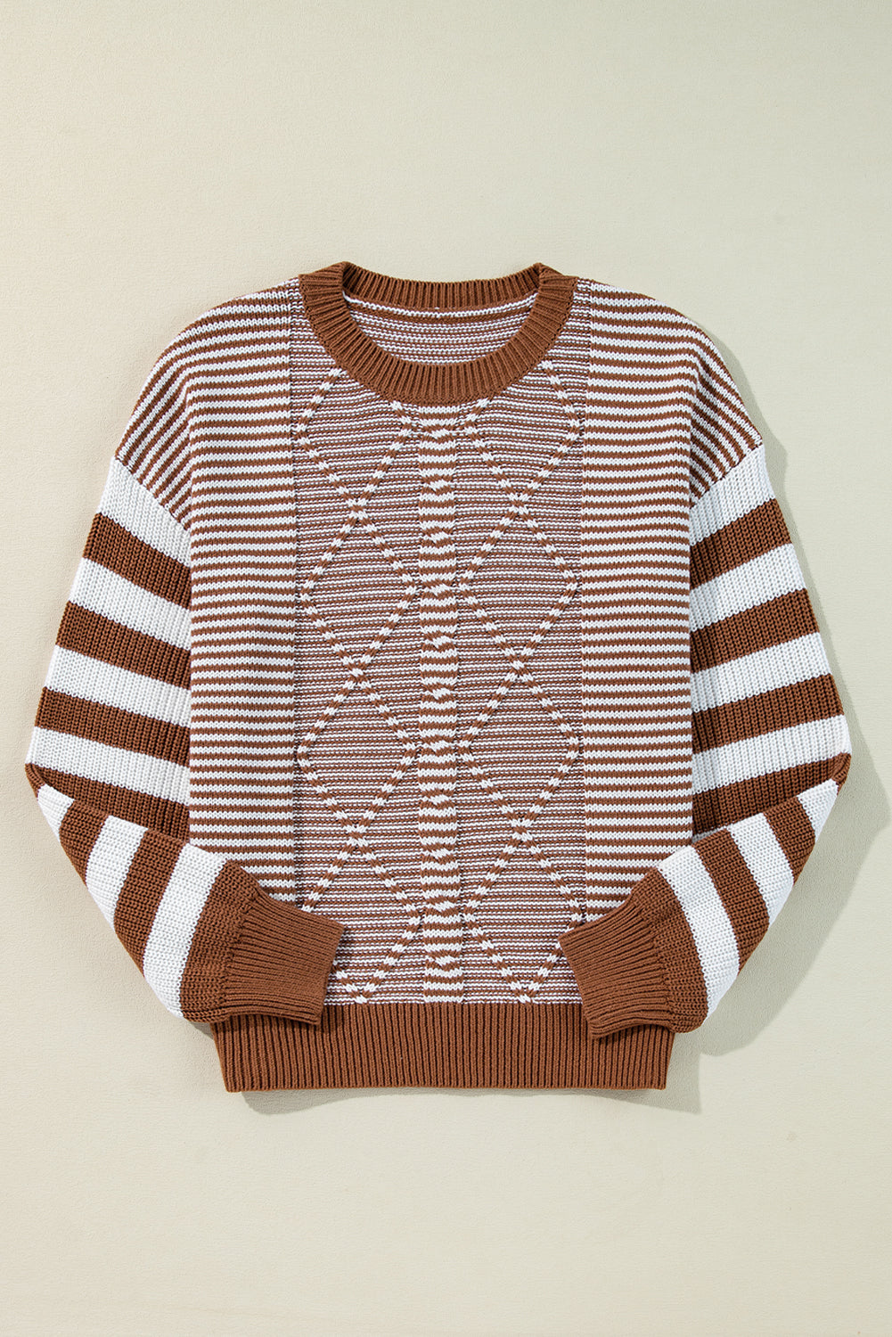Brown Stripe Geometric Textured Drop Shoulder Sweater Sweaters JT's Designer Fashion
