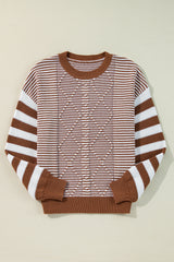 Brown Stripe Geometric Textured Drop Shoulder Sweater Sweaters JT's Designer Fashion