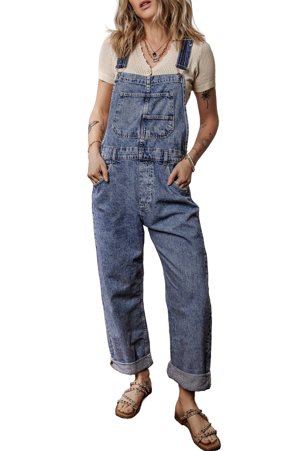 Sail Blue Denim Bib Straight Leg Jumpsuit with Pockets Jumpsuits & Rompers JT's Designer Fashion