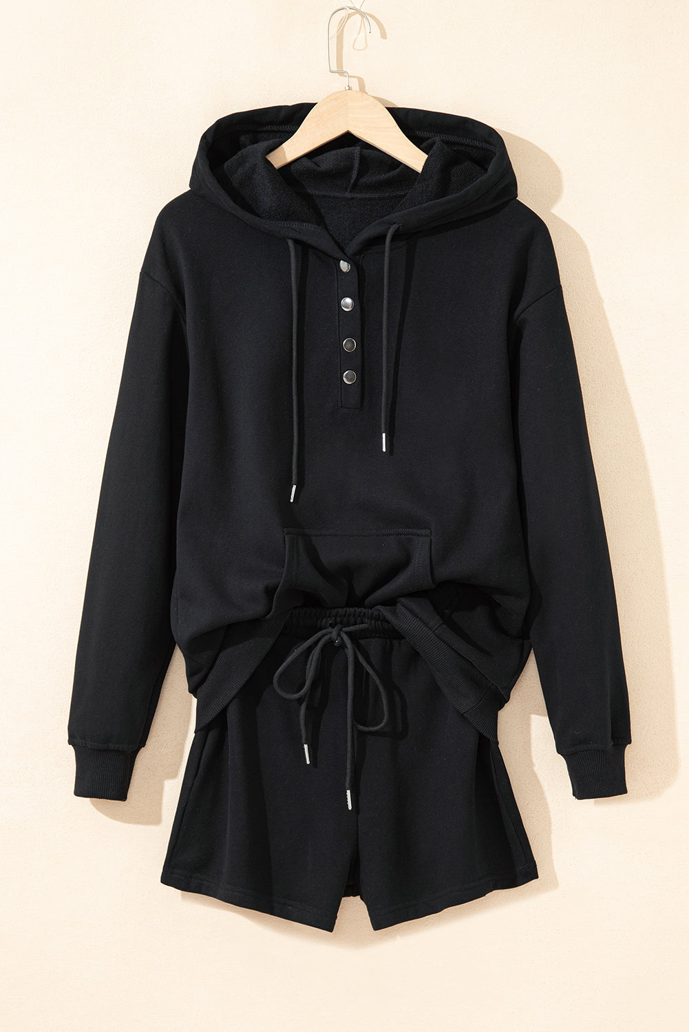 Black Button Drawstring Hooded Pullover and Casual Short Set Short Sets JT's Designer Fashion