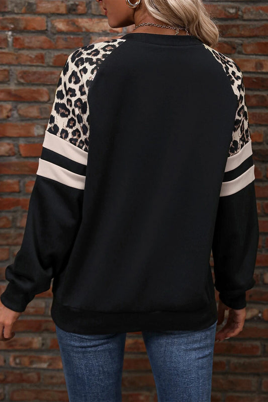 Black Leopard Print Colorblock Raglan Sleeve Sweatshirt Sweatshirts & Hoodies JT's Designer Fashion