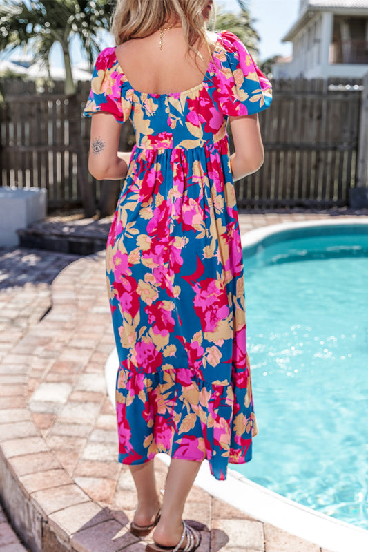 Dark Blue Square Neck Bubble Sleeve Ruffled Floral Dress Floral Dresses JT's Designer Fashion