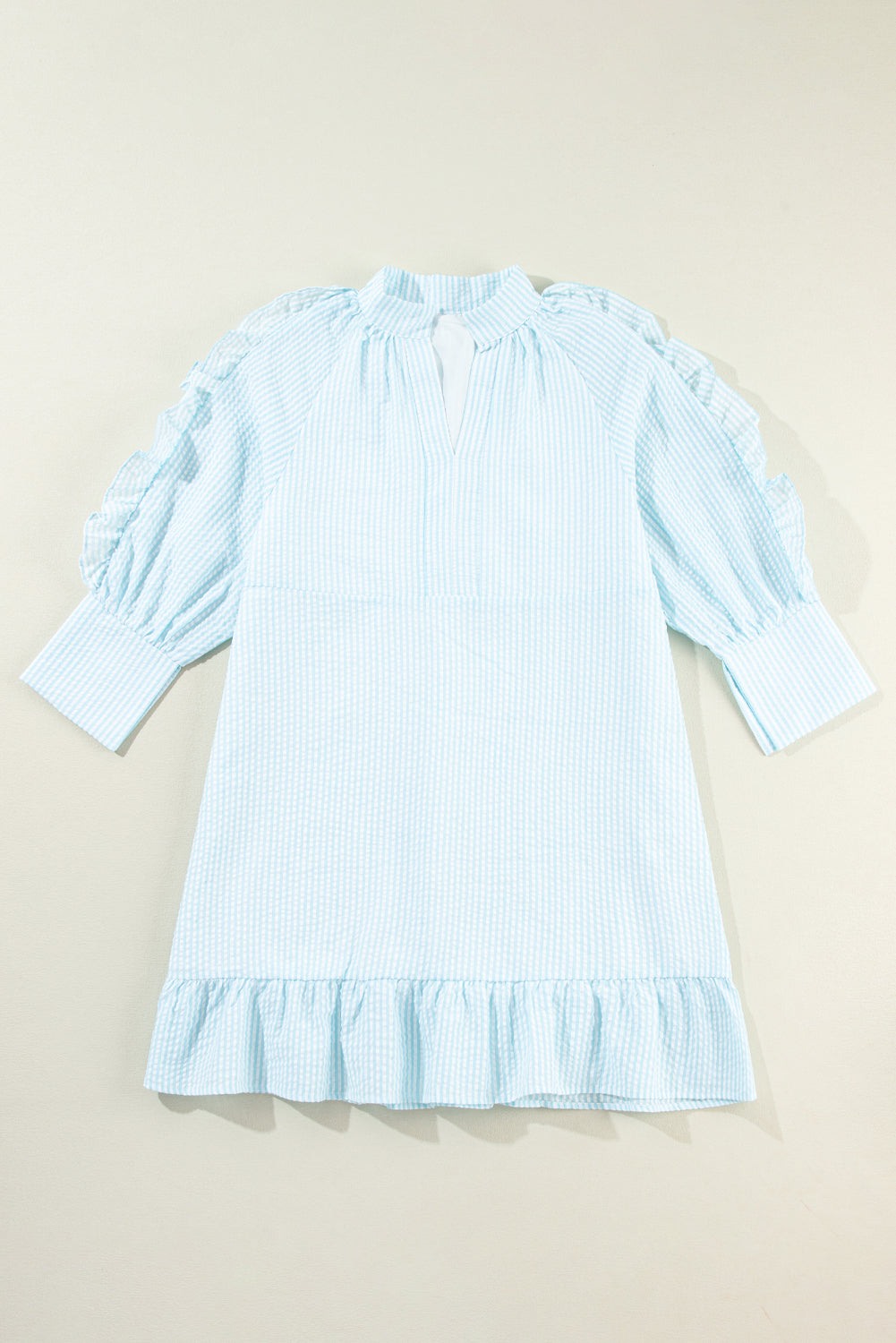 Myosotis Seersucker Ruffled Puff Sleeve Stand Neck Mini Dress Mini Dresses JT's Designer Fashion