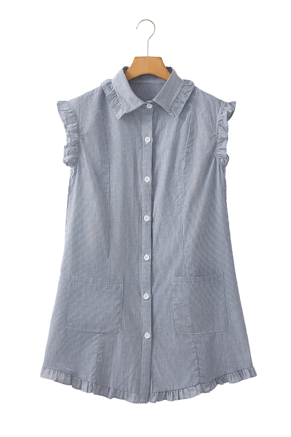 Blue Stripe Frilled Sleeveless Collar Front Pocket Button Up Mini Dress Mini Dresses JT's Designer Fashion