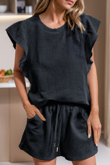 Black Textured Ruffled Sleeve Tee and Drawstring Shorts Set Bottoms JT's Designer Fashion