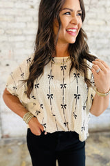 Beige Bow Print Puff Short Sleeve Top Blouses & Shirts JT's Designer Fashion