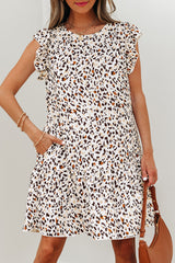 Khaki Leopard Ruffled Flutter Sleeve Keyhole Back Mini Dress Mini Dresses JT's Designer Fashion