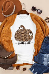 White Hello Fall Leopard Pumpkin Graphic T Shirt Graphic Tees JT's Designer Fashion