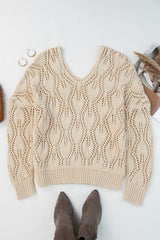 Apricot Crochet Knit Ribbed Hem Hollow-out Sweater Sweaters JT's Designer Fashion