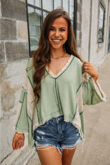 Grass Green Crochet Detail Exposed Seam High Low Loose Top Long Sleeve Tops JT's Designer Fashion