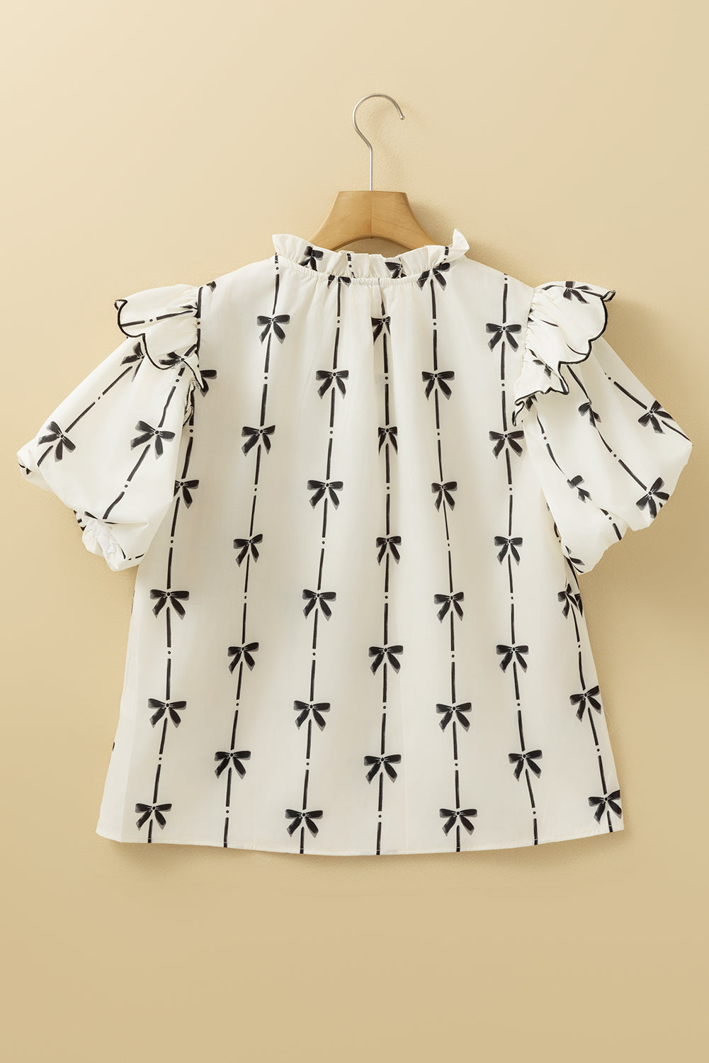 Beige Bow Printed Ruffled Bubble Sleeve Tied Notched V Neck Blouse Blouses & Shirts JT's Designer Fashion