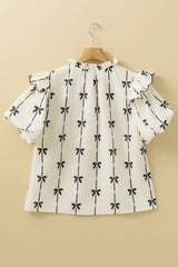 Beige Bow Printed Ruffled Bubble Sleeve Tied Notched V Neck Blouse Blouses & Shirts JT's Designer Fashion