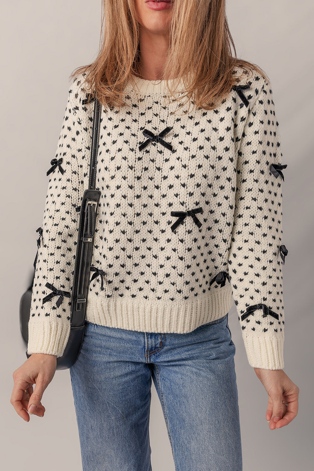 Beige Bow Decor Color Contrast Ribbed Edge Crew Neck Sweater Sweaters JT's Designer Fashion