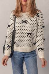 Beige Bow Decor Color Contrast Ribbed Edge Crew Neck Sweater Sweaters JT's Designer Fashion