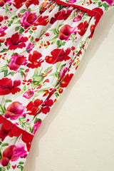 Red Floral Puff Sleeve Tiered Ric Rac Pocketed Mini Dress Floral Dresses JT's Designer Fashion