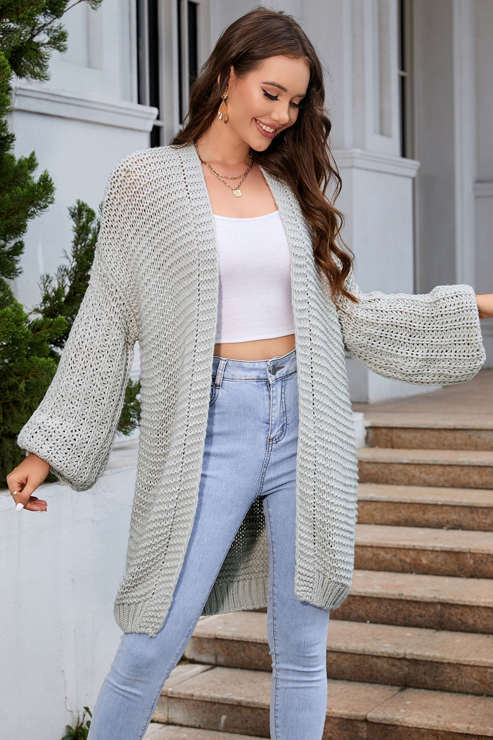 Gray Chunky Oversize Knit Drop Shoulder Puff Sleeve Cardigan Cardigans JT's Designer Fashion