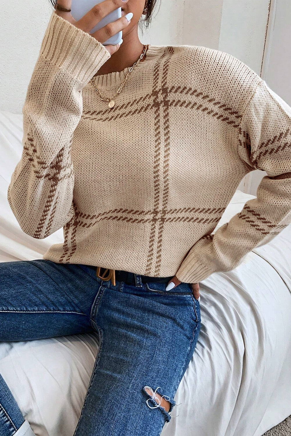 Khaki Plaid Pattern Knitted Drop Shoulder Sweater Sweaters JT's Designer Fashion