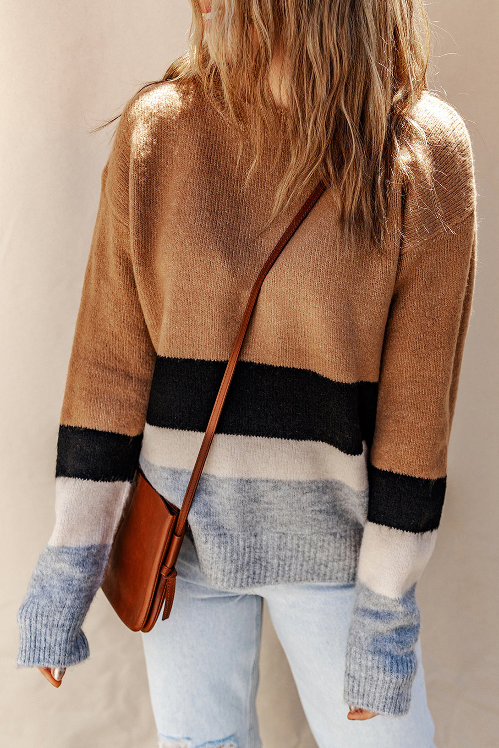 Brown Color Block Striped Ribbed Knit Sweater Brown 70%Acrylic+26%Polyamide+4%Elastane Sweaters JT's Designer Fashion