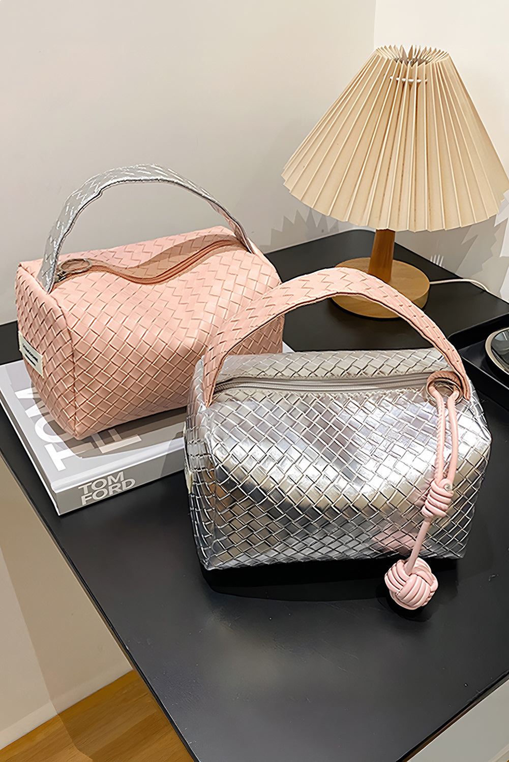 Silvery Lattice Texture Corded Ball Decor Weaven Handle Cosmetic Bag Makeup Bags JT's Designer Fashion