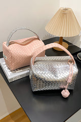 Silvery Lattice Texture Corded Ball Decor Weaven Handle Cosmetic Bag Makeup Bags JT's Designer Fashion