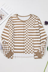 Khaki Checkerboard Striped Patchwork Lantern Sleeve Pocketed Blouse Long Sleeve Tops JT's Designer Fashion